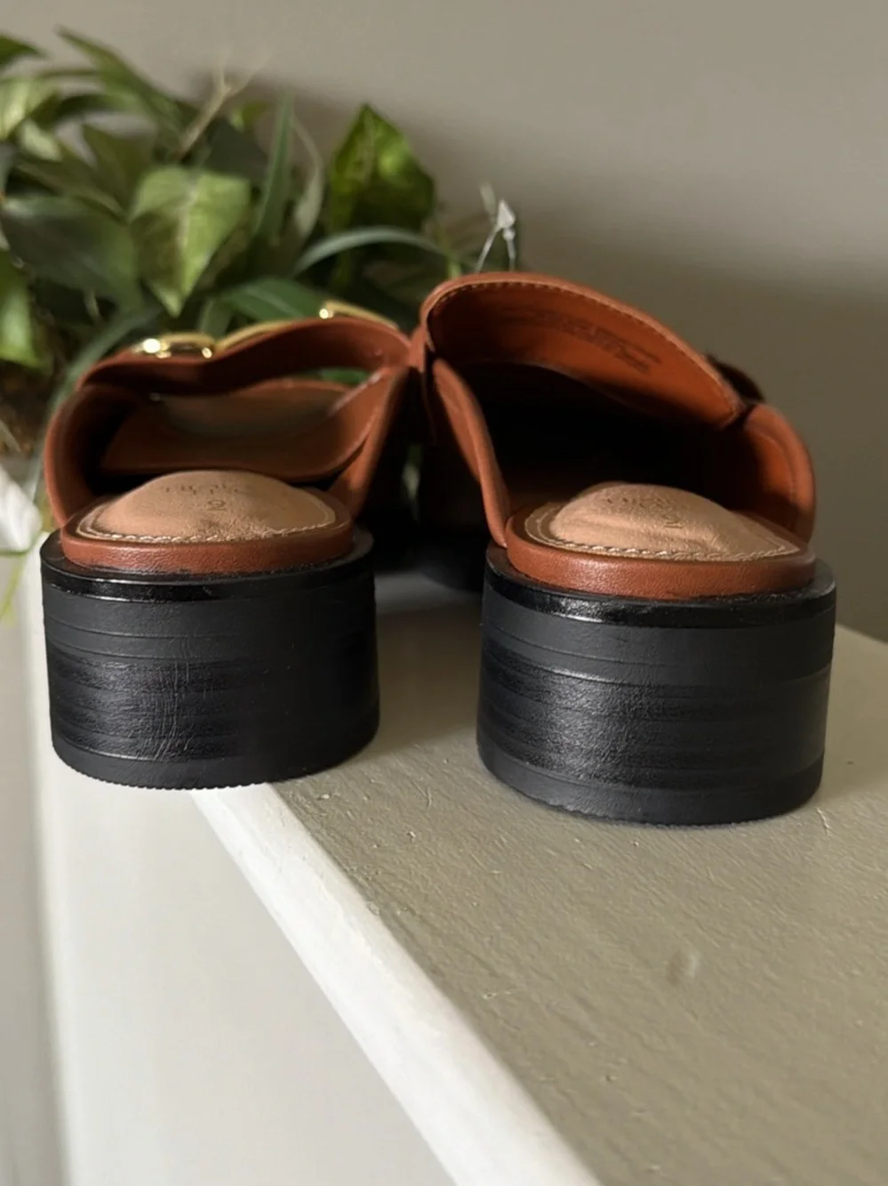Time and Tru Tan Slip-On Sandal Mules with Gold Hardware